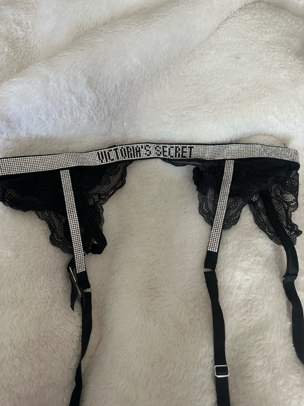 Victoria's Secret Black Lace Garter Belt with Rhinestone Trim